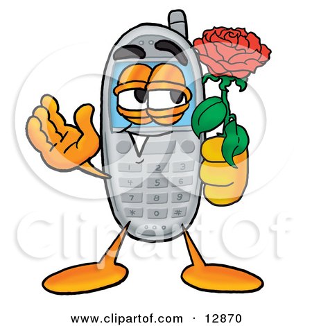Clipart Picture of a Wireless Cellular Telephone Mascot Cartoon Character Holding a Red Rose on Valentines Day by Mascot Junction