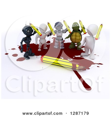 Clipart of 3d Men, Robots and Tortoise Cartoonists Standing in a Puddle of Blood and Holding up Pencils - Royalty Free Illustration by KJ Pargeter