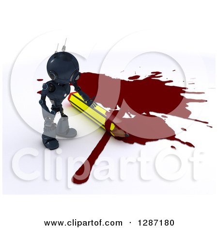 Clipart of a 3d Blue Android Robot Cartoonist Standing by a Puddle of Blood and a Pencil - Royalty Free Illustration by KJ Pargeter