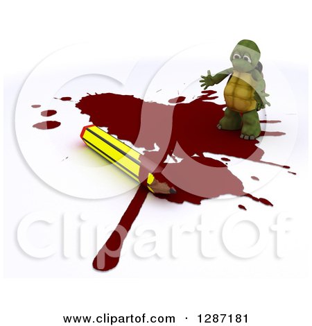 Clipart of a 3d Tortoise Cartoonist Standing in a Puddle of Blood by a Pencil - Royalty Free Illustration by KJ Pargeter
