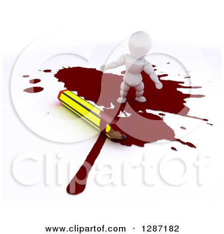 Clipart of a 3d White Character Cartoonist Standing in a Puddle of Blood by a Pencil - Royalty Free Illustration by KJ Pargeter