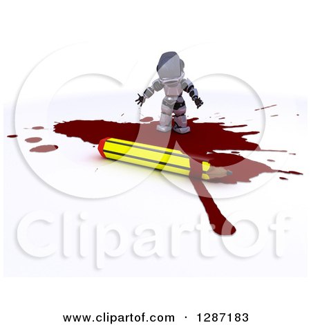 Clipart of a 3d Robot Cartoonist Standing in a Puddle of Blood by a Pencil - Royalty Free Illustration by KJ Pargeter
