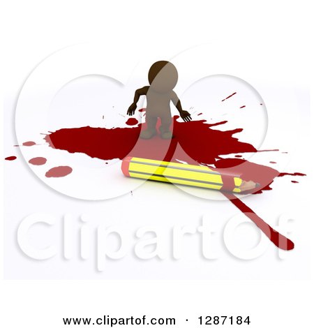 Clipart of a 3d Brown Man Cartoonist Standing in a Puddle of Blood by a Pencil - Royalty Free Illustration by KJ Pargeter