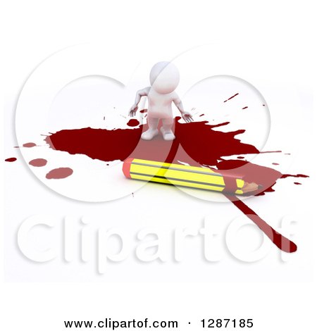 Clipart of a 3d White Man Cartoonist Standing in a Puddle of Blood by a Pencil - Royalty Free Illustration by KJ Pargeter