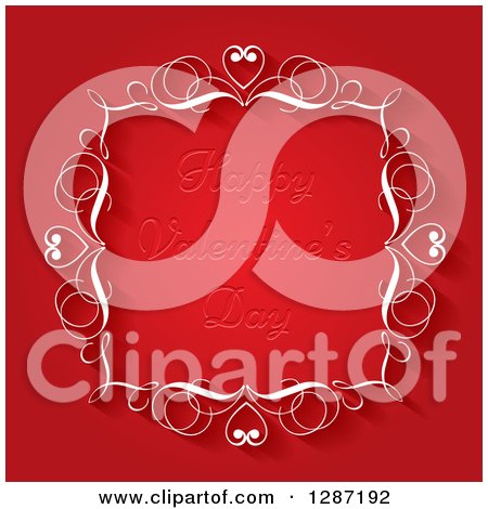 Clipart of Engraved Happy Valentines Day Text in a White Ornate Swirl Frame on Red - Royalty Free Vector Illustration by KJ Pargeter
