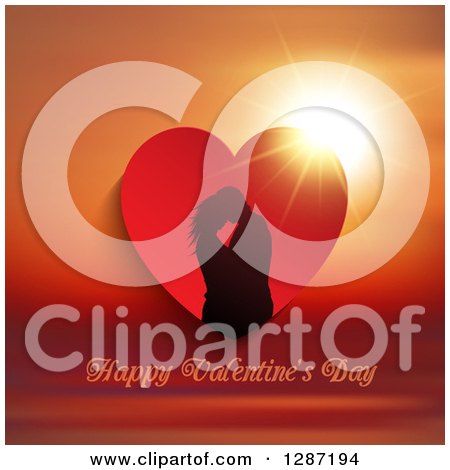 Clipart of a Silhouetted Couple Kissing in a Heart over a Sunset with Happy Valentines Day Text - Royalty Free Vector Illustration by KJ Pargeter