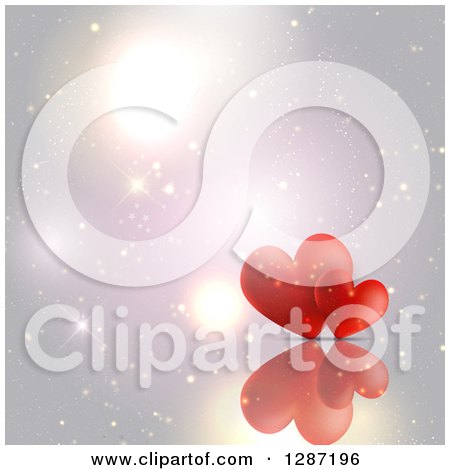 Clipart of Two Red Hearts and a Reflection over Flares - Royalty Free Vector Illustration by KJ Pargeter