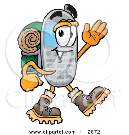 Clipart Picture of a Wireless Cellular Telephone Mascot Cartoon Character Hiking and Carrying a Backpack by Mascot Junction