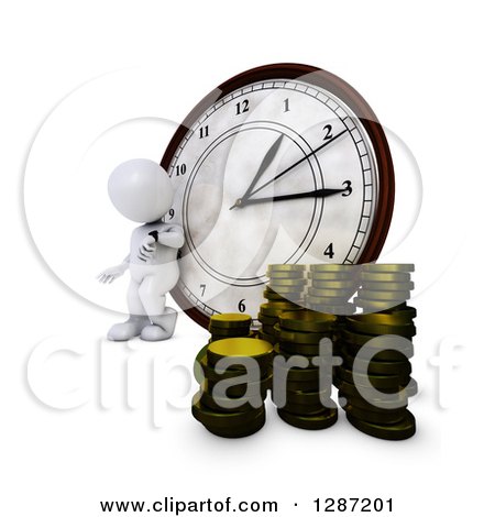 Clipart of a 3d White Man Checking His Watch and Leaning Against a Clock with Stacks of Coins - Royalty Free Illustration by KJ Pargeter