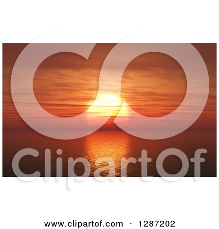 Clipart of a Red and Orange Ocean Sunset over 3d Rippling Water - Royalty Free Illustration by KJ Pargeter