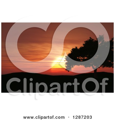 Clipart of a 3d Red and Orange Ocean Sunset Silhouetting Hills and a Tree - Royalty Free Illustration by KJ Pargeter