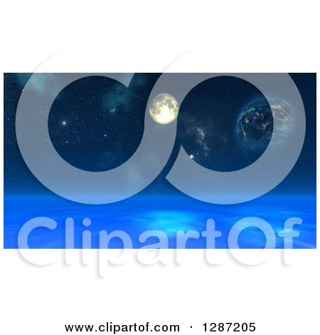 Clipart of a 3d Fictional Moon and Planets over a Blue Ocean - Royalty Free Illustration by KJ Pargeter