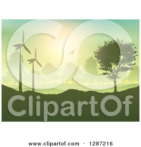 Clipart of a Bird Flying over a Hilly Silhouetted Green Landscape, Wind Turbines and Trees - Royalty Free Vector Illustration by KJ Pargeter