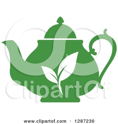 Clipart of a Silhouetted Green Tea Pot with White Leaves - Royalty Free Vector Illustration by Vector Tradition SM