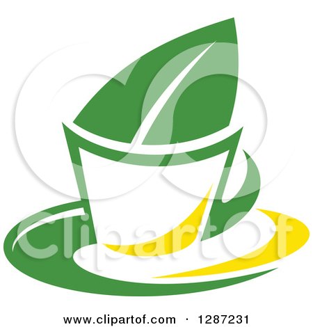 Clipart of a Green and Yellow Tea Cup with a Leaf 4 - Royalty Free Vector Illustration by Vector Tradition SM