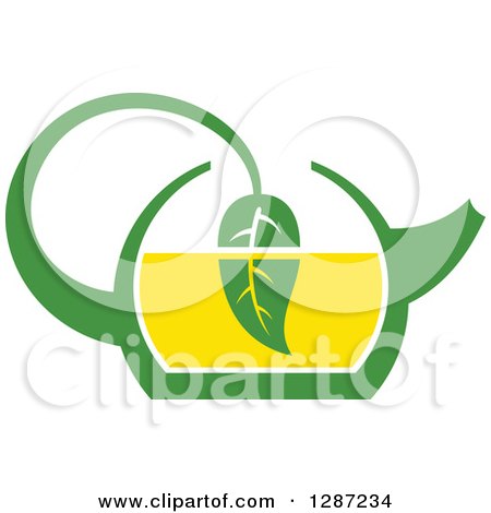 Clipart of a Green and Yellow Tea Pot with a Leaf Dipping in the Liquid - Royalty Free Vector Illustration by Vector Tradition SM