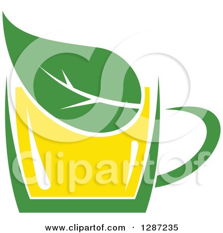 Clipart of a Green and Yellow Tea Cup with a Leaf - Royalty Free Vector Illustration by Vector Tradition SM