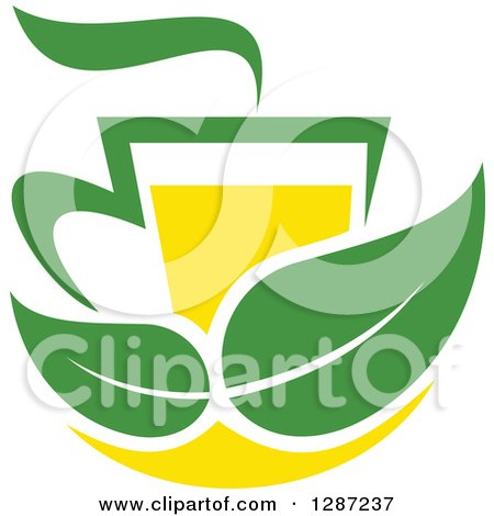 Clipart of a Green and Yellow Tea Cup with Leaves and Steam - Royalty Free Vector Illustration by Vector Tradition SM