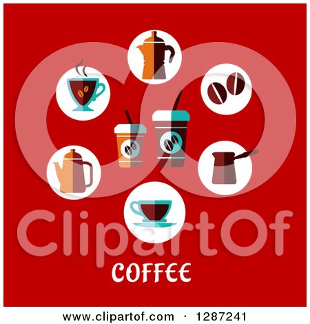 Clipart of a Circle of Coffee Beans and Items with Text on Red - Royalty Free Vector Illustration by Vector Tradition SM