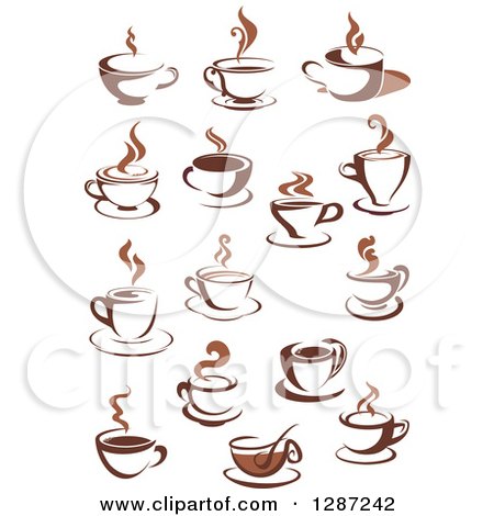 Clipart of Two Toned Brown and White Steamy Coffee Cups and Saucers - Royalty Free Vector Illustration by Vector Tradition SM