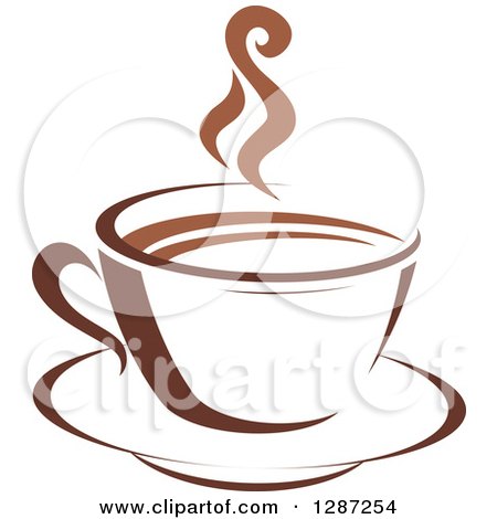 Clipart of a Two Toned Brown and White Steamy Coffee Cup on a Saucer 5 - Royalty Free Vector Illustration by Vector Tradition SM