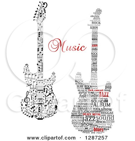 Clipart of Electric Guitars Made of Music Notes and a Tag Word Collage - Royalty Free Vector Illustration by Vector Tradition SM