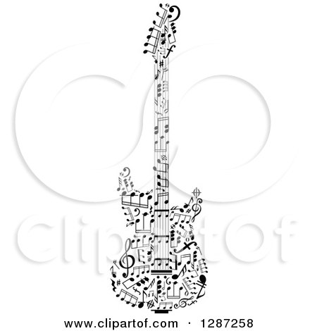 Clipart of a Black and White Electric Guitar Made of Notes - Royalty Free Vector Illustration by Vector Tradition SM