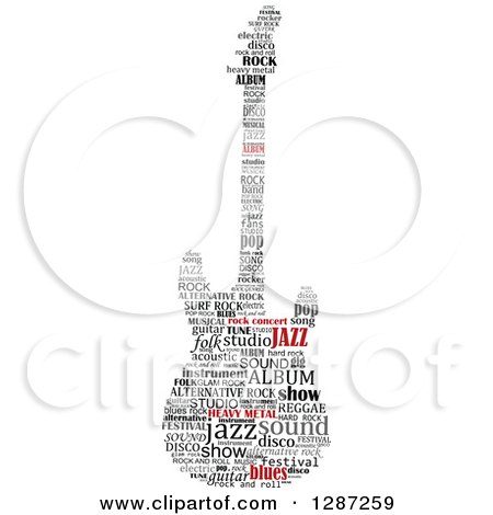Clipart of an Electric Guitar Made of a Red and Grayscale Music Word Collage - Royalty Free Vector Illustration by Vector Tradition SM