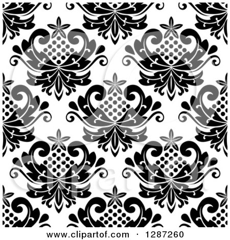 Clipart of a Seamless Background Design Pattern of Black and White Vintage Floral Hearts - Royalty Free Vector Illustration by Vector Tradition SM