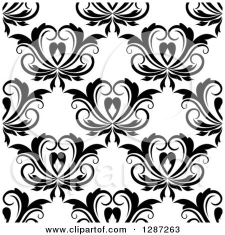 Clipart of a Seamless Background Design Pattern of Black and White Vintage Floral Hearts 2 - Royalty Free Vector Illustration by Vector Tradition SM