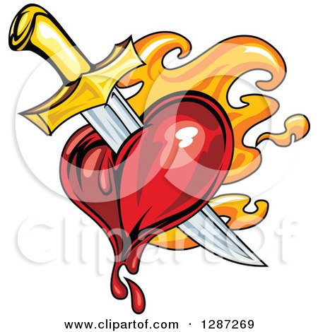 Clipart of a Sword Stabbing a Bleeding Heart over Orange Flames - Royalty Free Vector Illustration by Vector Tradition SM