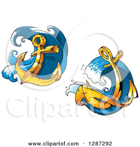 Clipart of Golden Ship Anchors with Frothy Blue Splashes - Royalty Free Vector Illustration by Vector Tradition SM