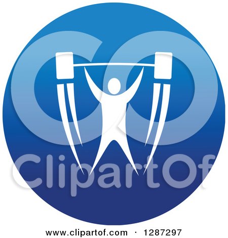 Clipart of a Round Blue Spots Icon of a White Male Athlete Bodybuilder Lifting a Barbell - Royalty Free Vector Illustration by Vector Tradition SM