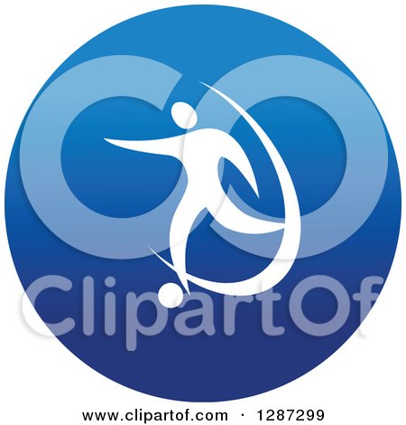 Clipart of a Round Blue Spots Icon of a White Male Athlete Playing Soccer 2 - Royalty Free Vector Illustration by Vector Tradition SM