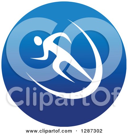 Clipart of a Round Blue Spots Icon of a White Male Athlete Runner Sprinting - Royalty Free Vector Illustration by Vector Tradition SM
