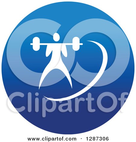 Clipart of a Round Blue Spots Icon of a White Male Athlete Bodybuilder Lifting a Barbell 2 - Royalty Free Vector Illustration by Vector Tradition SM