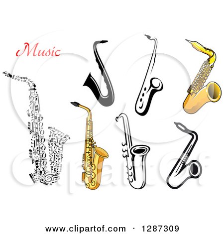 Clipart of Black and White, Music Note and Brass Saxophones with Text - Royalty Free Vector Illustration by Vector Tradition SM