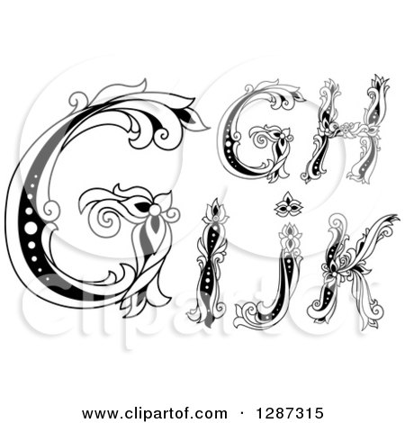 Clipart of Black and White Vintage Floral Capital Letters G, H, I, J and K - Royalty Free Vector Illustration by Vector Tradition SM