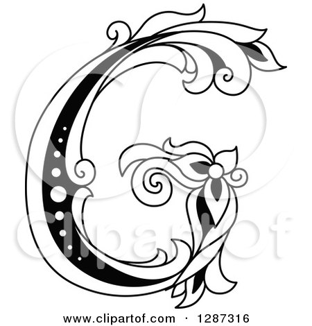Clipart of a Black and White Vintage Floral Capital Letter G - Royalty Free Vector Illustration by Vector Tradition SM