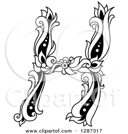 Clipart of a Black and White Vintage Floral Capital Letter H - Royalty Free Vector Illustration by Vector Tradition SM