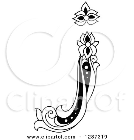 Clipart of a Black and White Vintage Floral Capital Letter J - Royalty Free Vector Illustration by Vector Tradition SM