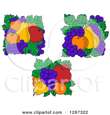 Clipart of Fruit Logos of Pears, Red Apples, Apricots, Pomegranates and Grapes on Green Leaves - Royalty Free Vector Illustration by Vector Tradition SM
