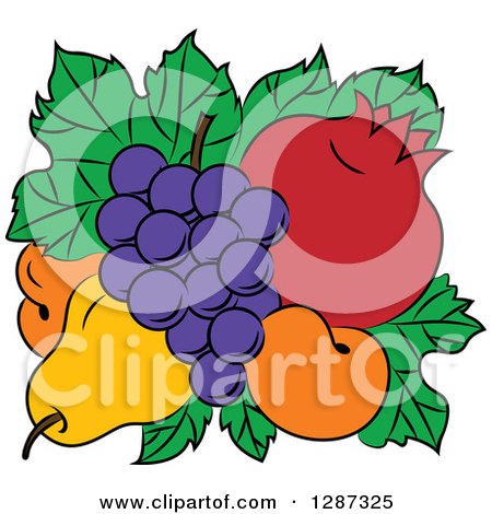 Clipart of a Fruit Logo of a Pear, Apricots, Pomegranate and Grapes on Green Leaves - Royalty Free Vector Illustration by Vector Tradition SM