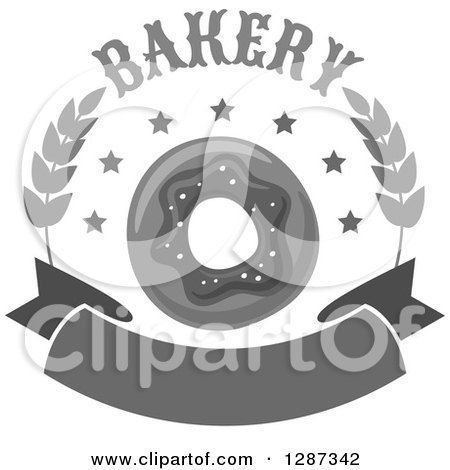 Clipart of a Grayscale Bakery Donut Design with Wheat and a Blank Banner - Royalty Free Vector Illustration by Vector Tradition SM