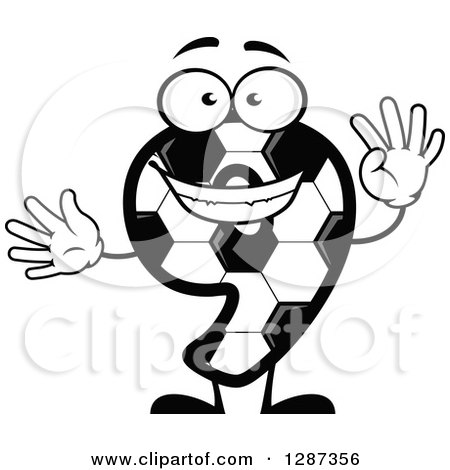 Clipart of a Grayscale Soccer Ball Number Nine Character Holding up 9 Fingers - Royalty Free Vector Illustration by Vector Tradition SM
