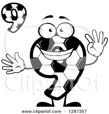 Clipart of a Grayscale Soccer Ball Number Nine Character Holding up 9 Fingers and Digit - Royalty Free Vector Illustration by Vector Tradition SM