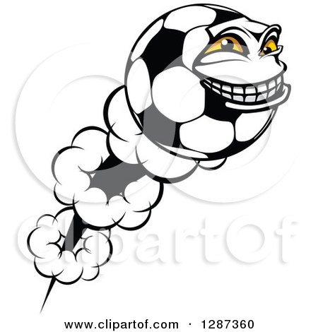 Clipart of a Grinning Soccer Ball Character Shooting Through the Air - Royalty Free Vector Illustration by Vector Tradition SM