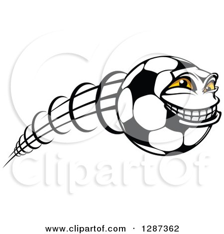 Clipart of a Grinning Soccer Ball Character Flying to the Right - Royalty Free Vector Illustration by Vector Tradition SM