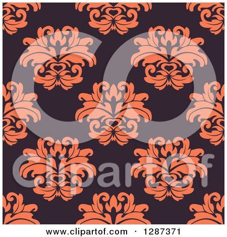 Clipart of a Seamless Background Design Pattern of Vintage Orange Floral Damask on Dark Purple - Royalty Free Vector Illustration by Vector Tradition SM