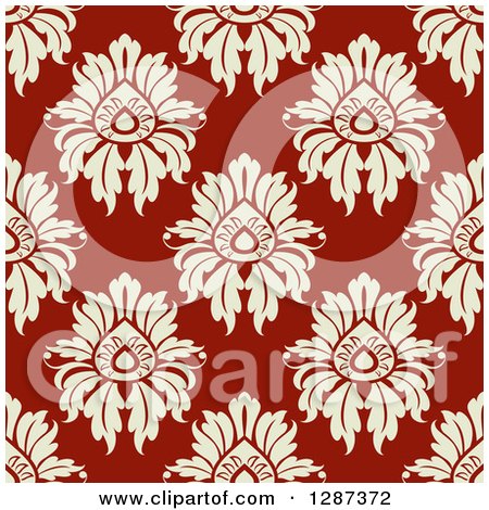 Clipart of a Seamless Background Design Pattern of Vintage Tan Floral Damask on Maroon - Royalty Free Vector Illustration by Vector Tradition SM